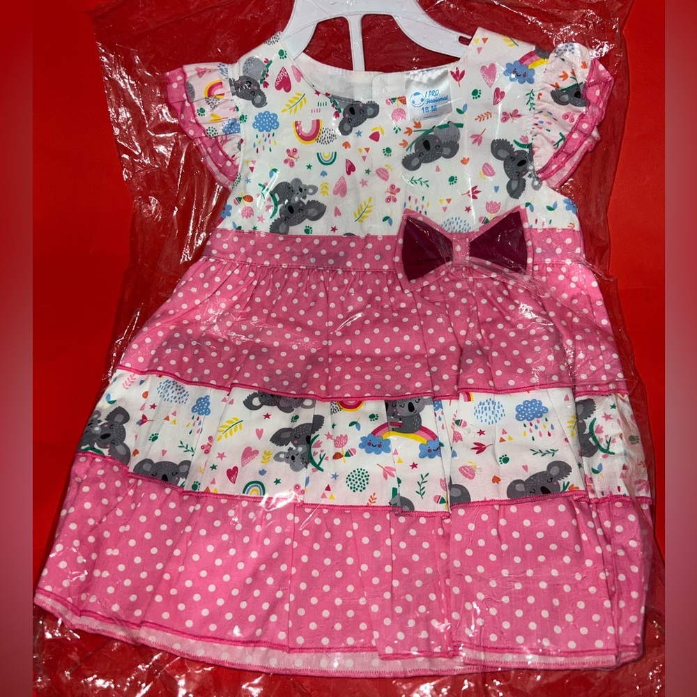 Pink Polka Dot and Koala Dress with Bow
